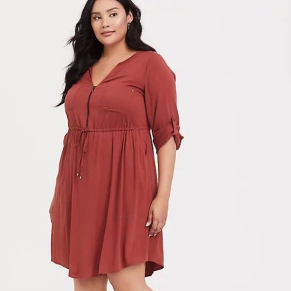 torrid Dresses & Skirts - *SOLD* Torrid Challis Drawstring Shirt Dress Brick Red with Pockets 3 3X 22/24